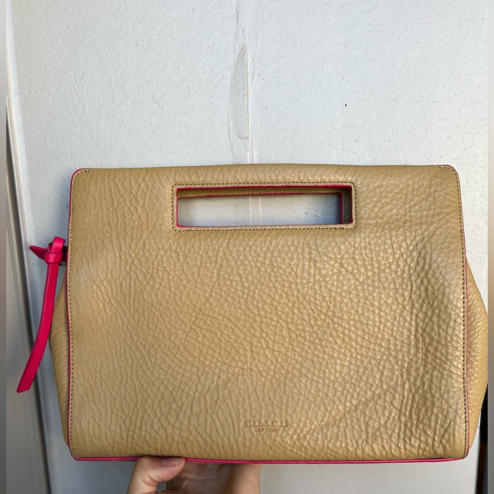 Large Coach Tan Clutch with Pink Trim